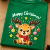 Božična majica z napisom Happy Christmas! in srčkanim jelenčkom z rdečim šalom