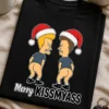 Majica z napisom Merry KISSMYASS in karikiranim prazničnim motivom dveh nesramnih likov