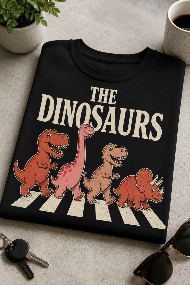 Majica z napisom THE DINOSAURS in dinozavri, ki hodijo čez prehod v retro parodičnem slogu