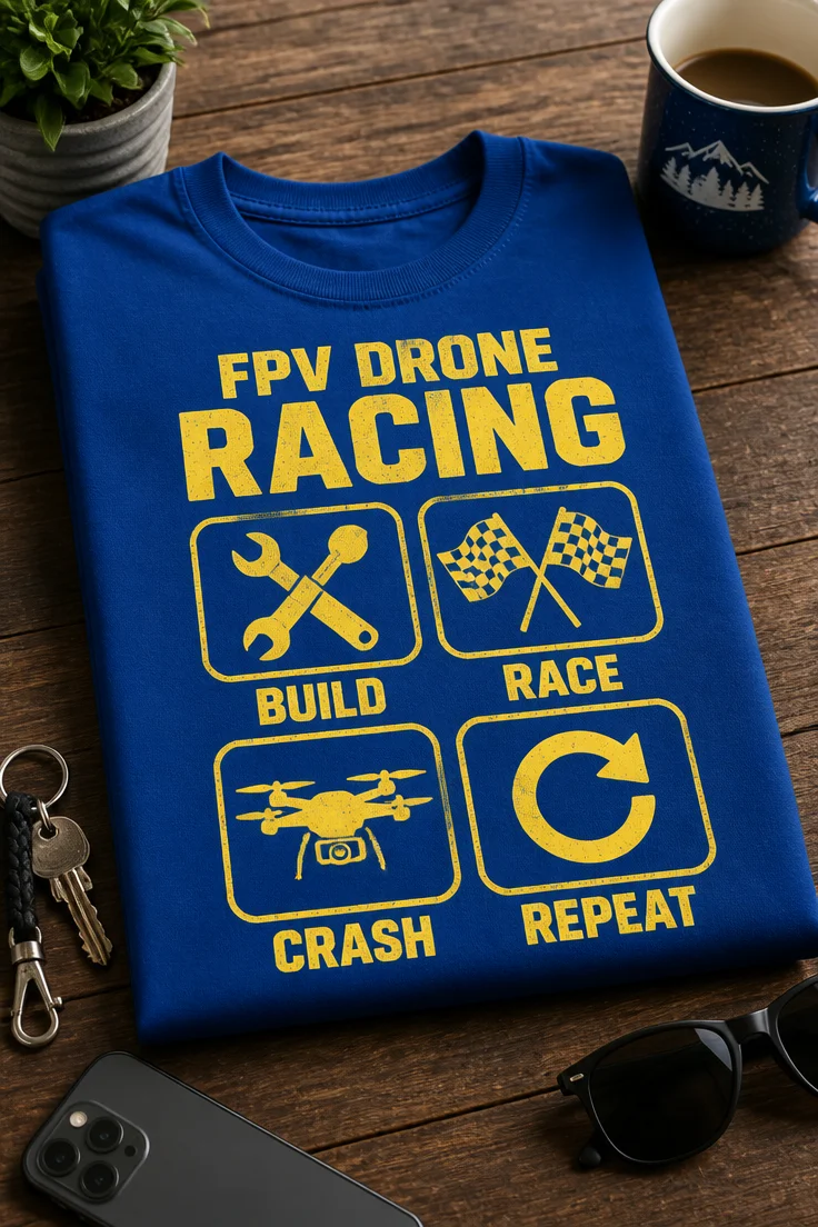 Majica z napisom FPV DRONE RACING BUILD RACE CRASH REPEAT in ikonami orodja, zastav, drona ter ponovitve
