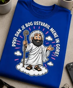 Majica z napisom PRVI DAN JE BOG USTVARIL MENE IN GORE! in risano ilustracijo Boga na oblakih