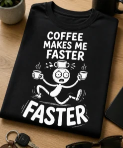 Majica z napisom COFFEE MAKES ME FASTER in smešnim likom s skodelicami kave