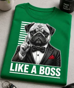 Elegantni mops v smokingu z dvignjeno tačko