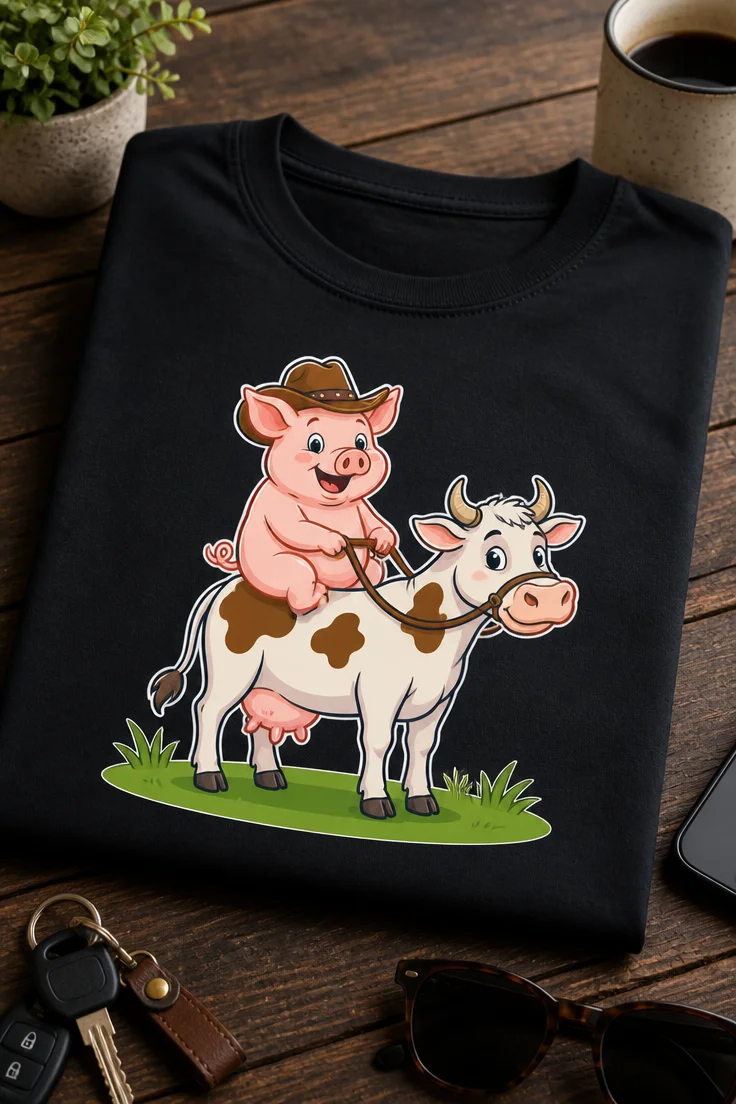 Majica z ilustracijo prašiča v kavbojskem klobuku, ki jezdi belo kravo z rjavimi lisami
