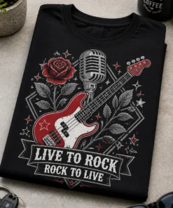 Majica z motivom bas kitare, retro mikrofona in vrtnice v vintage rock slogu