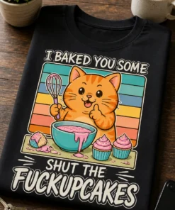 Majica z napisom I BAKED YOU SOME SHUT THE FUCKUPCAKES in mačkom, ki peče cupcakese
