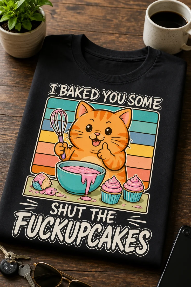 Majica z napisom I BAKED YOU SOME SHUT THE FUCKUPCAKES in mačkom, ki peče cupcakese