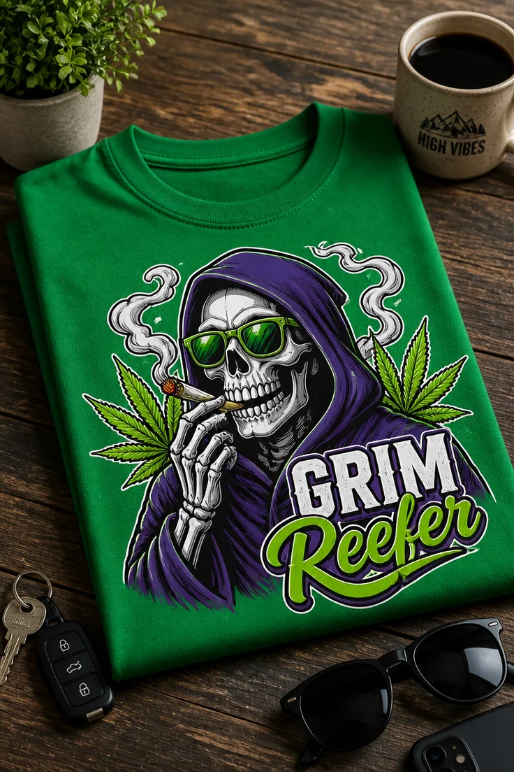 Majica z napisom GRIM Reefer in motivom grim reaperja z džojntom ter listi konoplje