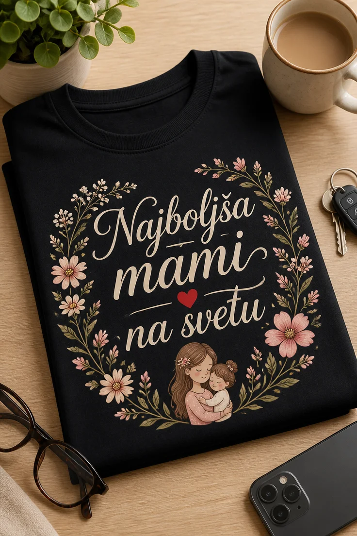 Ženska majica z napisom "Najboljša mami na svetu" v elegantni script tipografiji, z nežnimi divjimi rožami in malim rdečim srcem na temnem ozadju.