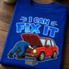 Majica z napisom I CAN FIX IT in risanim motivom mehanika pri rdečem avtomobilu