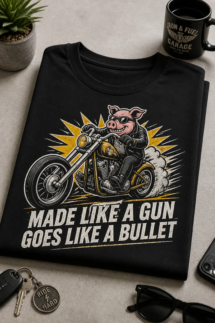 Majica za motoriste z napisom MADE LIKE A GUN GOES LIKE A BULLET in retro ilustracijo pujsa na chopper motorju
