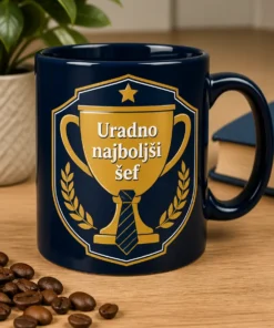 Mug z motivom trofeje, kravate in zvezde ter napisom Uradno najboljši šef v navy in gold izvedbi
