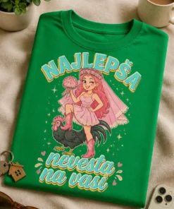 Majica za nevesto z napisom NAJLEPŠA nevesta na vasi in ilustracijo neveste s petelinom