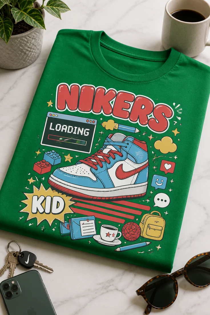Majica za otroke z napisom NIKERS LOADING KID in retro motivom superge