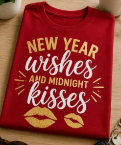 Majica z napisom NEW YEAR wishes AND MIDNIGHT kisses in odtisoma poljuba