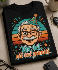 Majica z retro grafiko nasmejanega dedka s pomežikom, party klobukom in napisom Več let, nič več pameti.