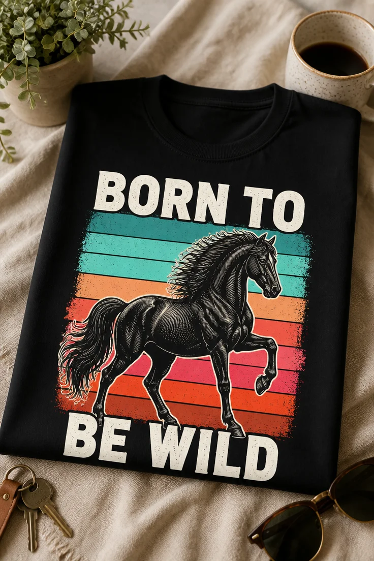 Majica z napisom BORN TO BE WILD in retro motivom konja