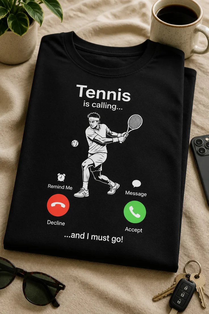 Majica za tenisače z napisom Tennis is calling... and I must go! in motivom zaslona dohodnega klica
