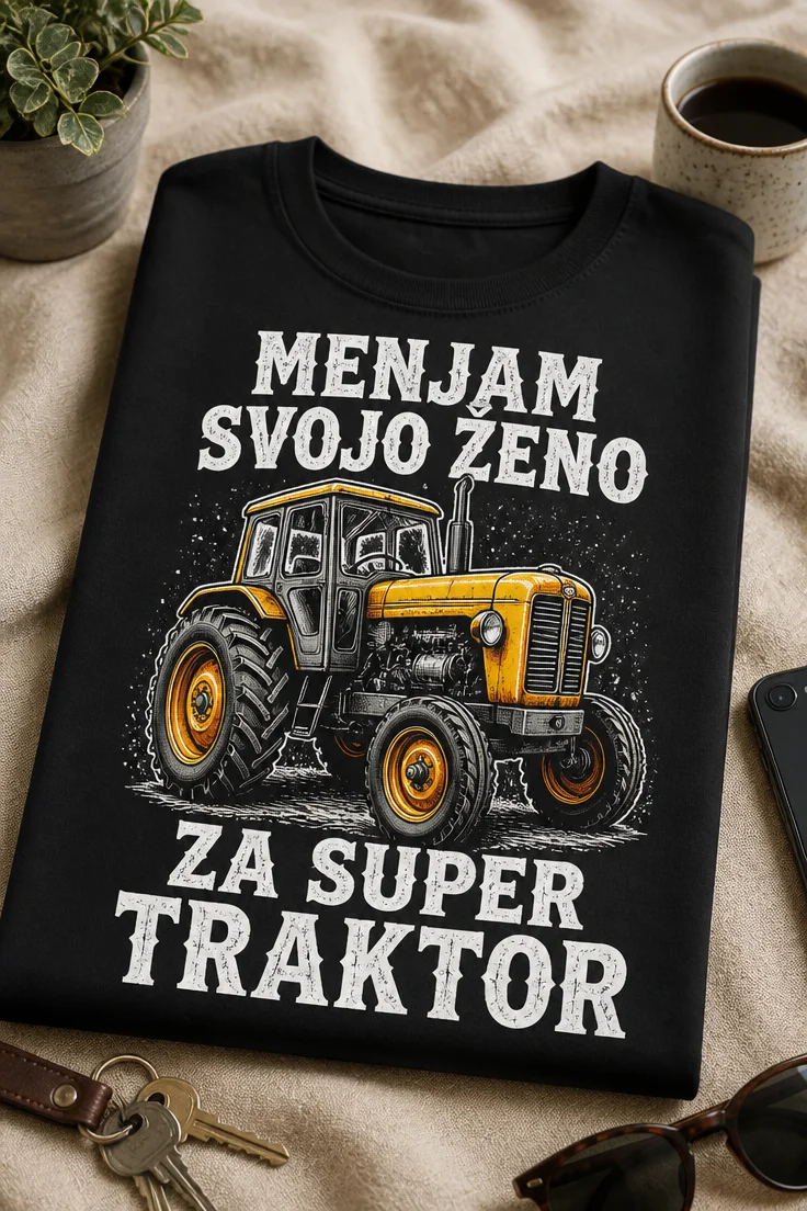 Majica z napisom MENJAM SVOJO ŽENO ZA SUPER TRAKTOR in motivom starega traktorja