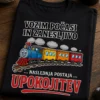 Majica z napisom VOZIM POČASI IN ZANESLJIVO ... NASLEDNJA POSTAJA ... UPOKOJITEV in ilustracijo vlakca