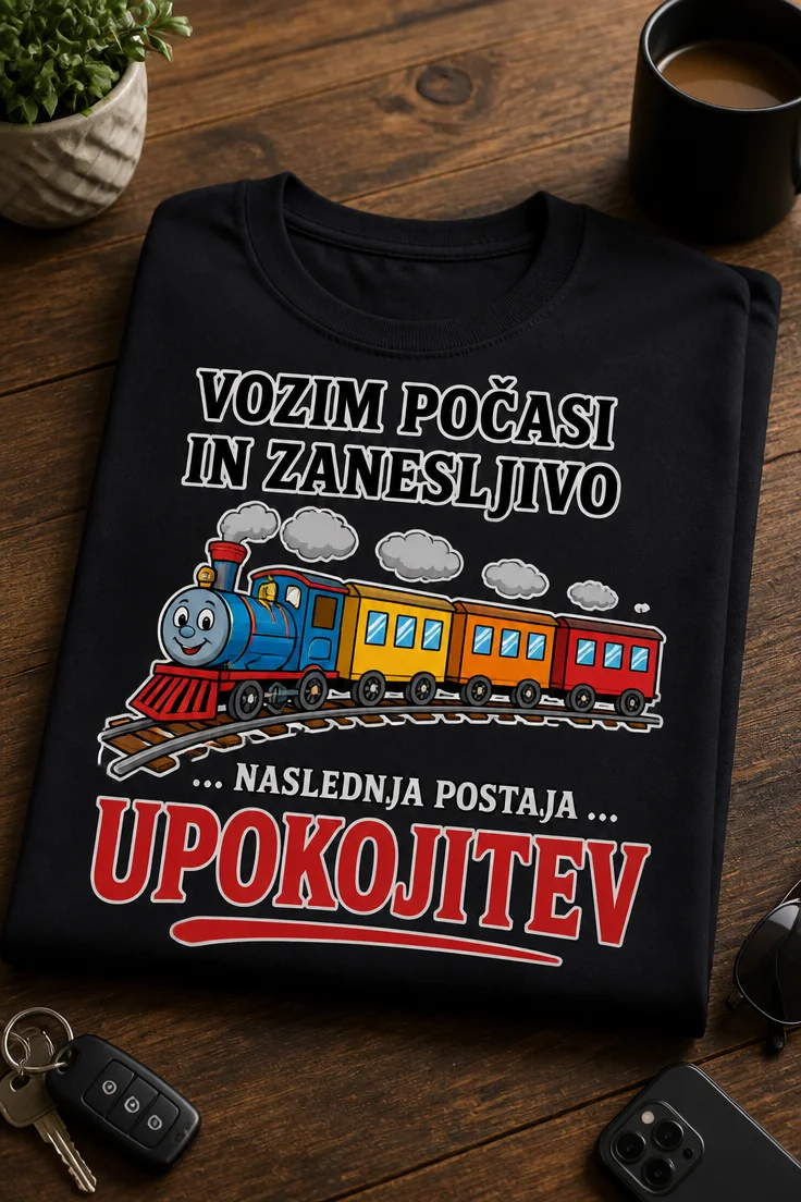 Majica z napisom VOZIM POČASI IN ZANESLJIVO ... NASLEDNJA POSTAJA ... UPOKOJITEV in ilustracijo vlakca