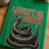 Majica z napisom LIBERTY OR DEATH in motivom zvite klopotače v retro obrabljenem slogu