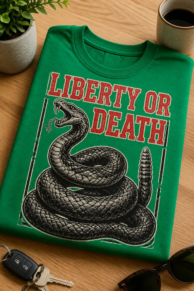 Majica z napisom LIBERTY OR DEATH in motivom zvite klopotače v retro obrabljenem slogu