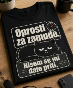 Smešna črna majica z napisom Oprosti za zamudo. Nisem se mi dalo priti. v minimalistični tipografiji.