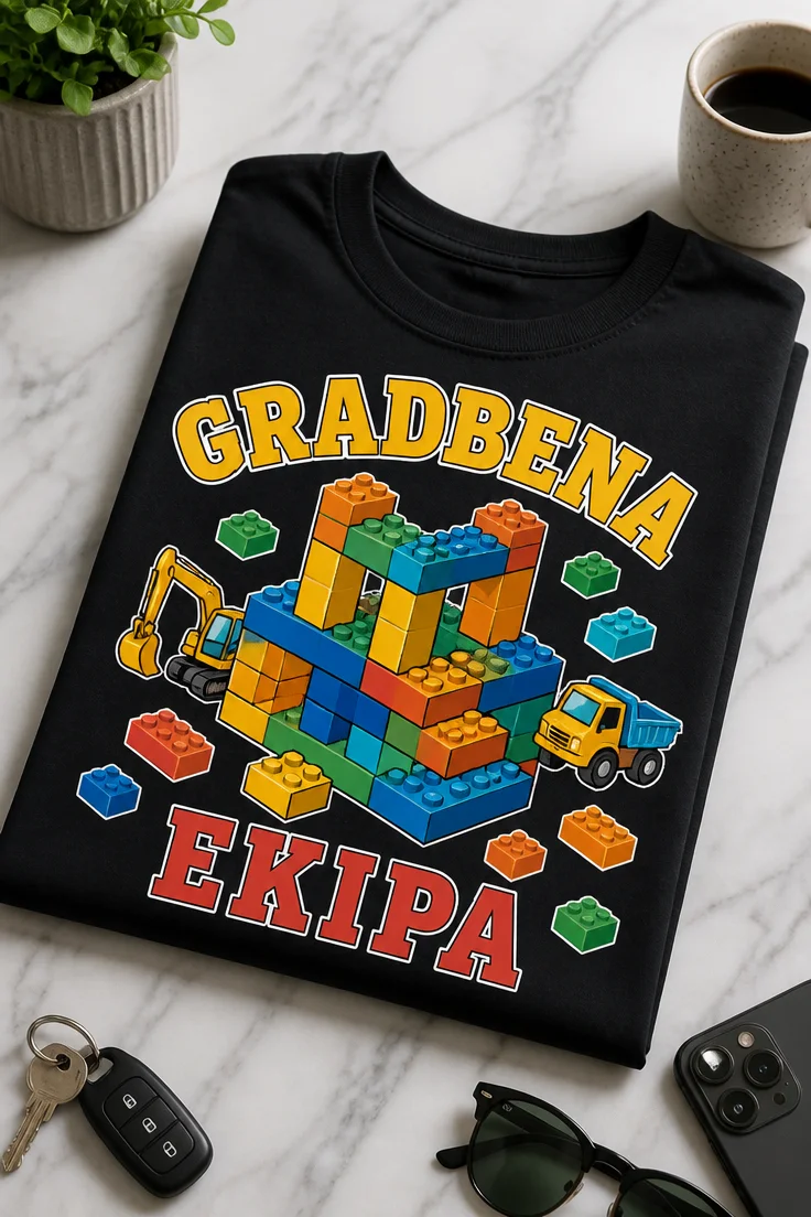 Majica z napisom GRADBENA EKIPA in motivom pisanih gradnikov