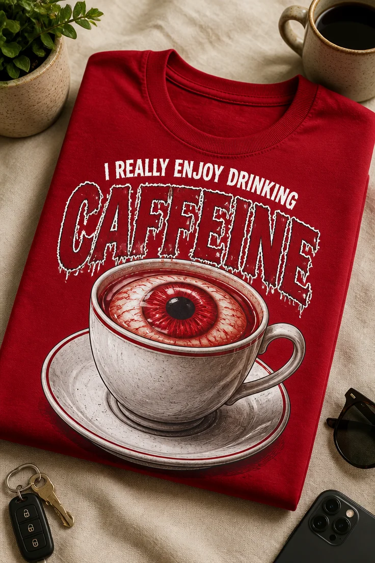 Majica z napisom I REALLY ENJOY DRINKING CAFFEINE in motivom skodelice kave z očesom