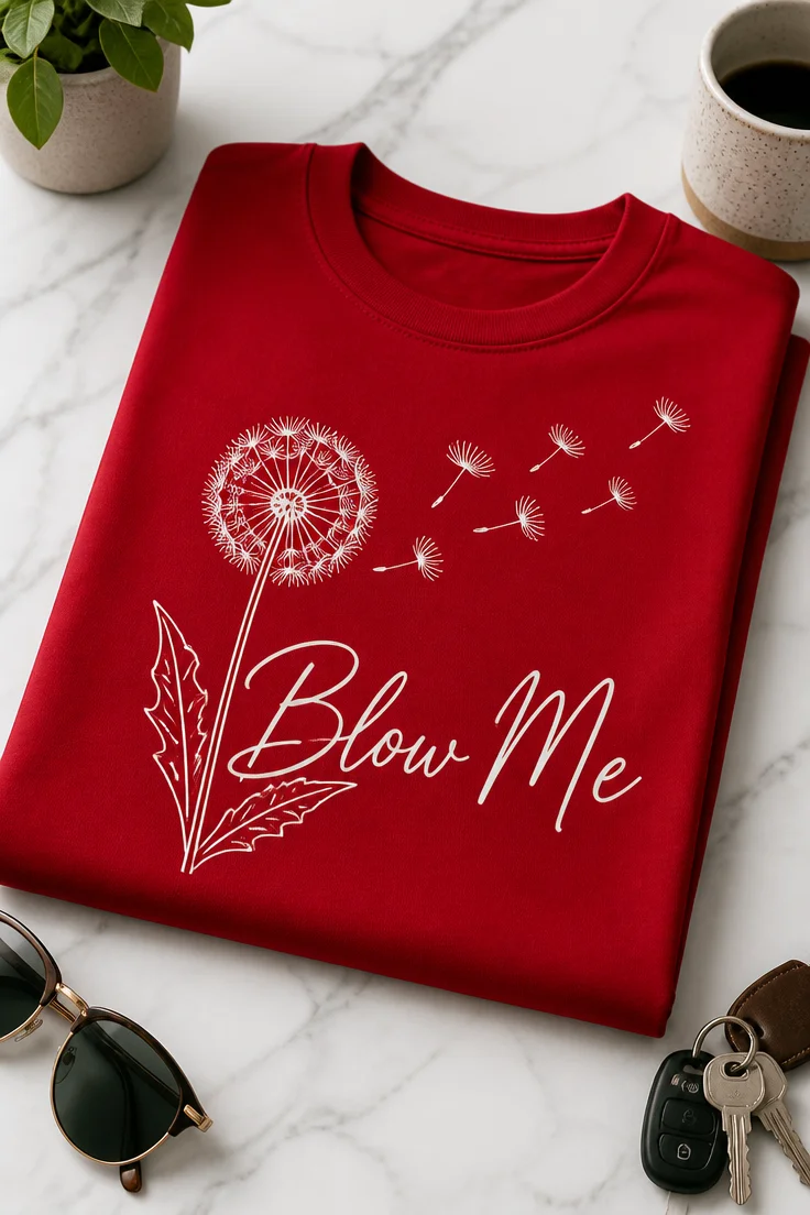 Majica z napisom Blow Me in minimalističnim motivom regrata z letečimi semeni